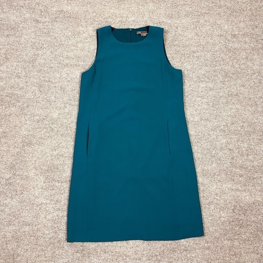 Vince Dress 8 Teal Classic Crepe Shift  Pockets Sleeveless Lined - Picture 9 of 13